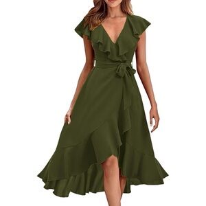 Fashion V-Neck Ruffle Trim High-Low Dress in Olive Green Women’s Size S